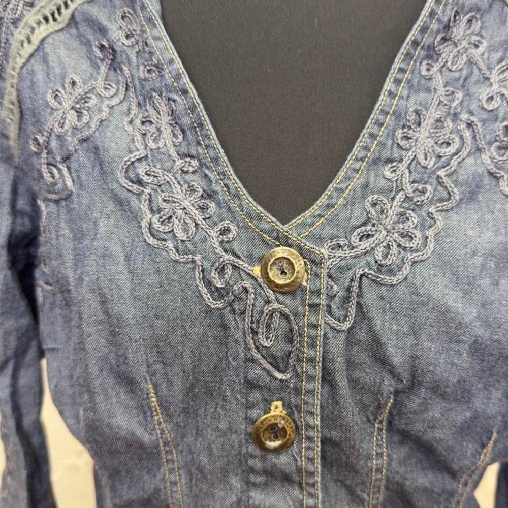 Boho embroidered denim corset blouse bell sleeve artisan western-Gretty Zueger - Picture 3 of 8